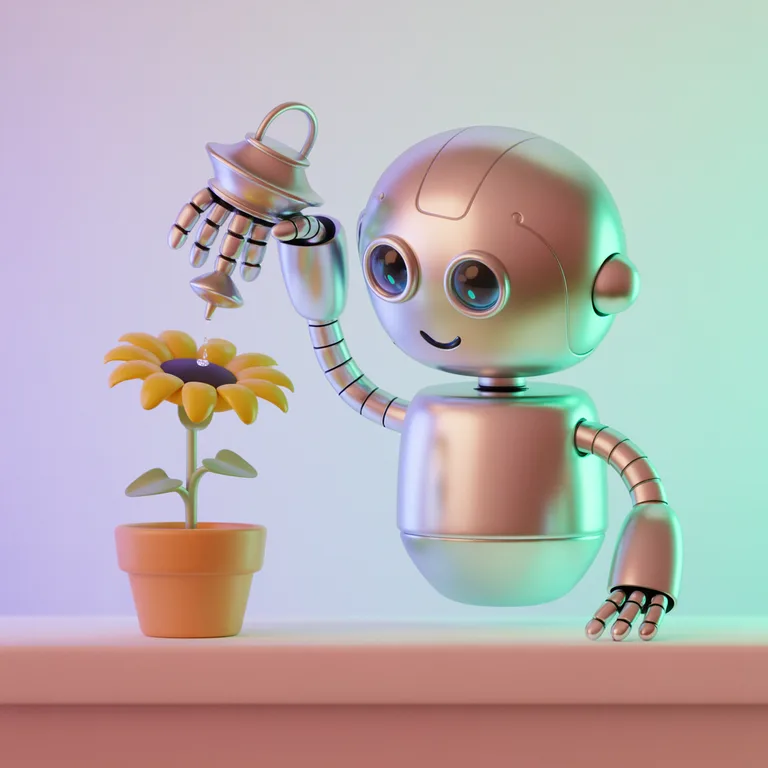 Ideogram v3 Quality: a friendly robot watering a small plant, soft 3d render, pastel colors